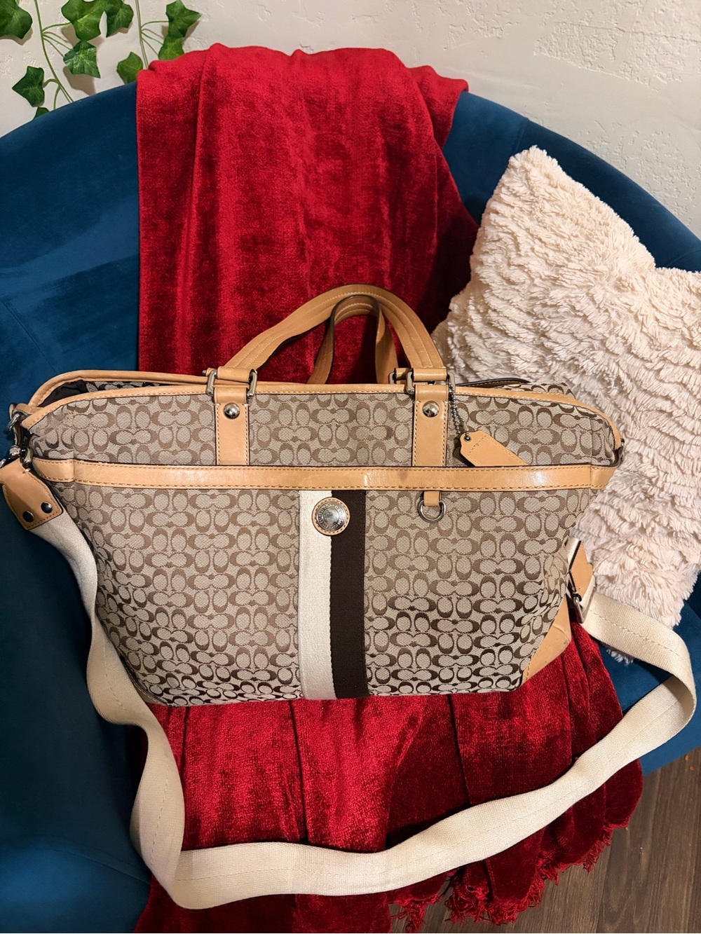 Coach Signature Canvas Tote with Brown and Cream Center Stripe